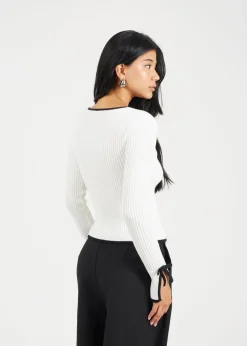 Knitwear>Brave Soul Cream Ribbed Knitted Cardigan with Bow Fastening