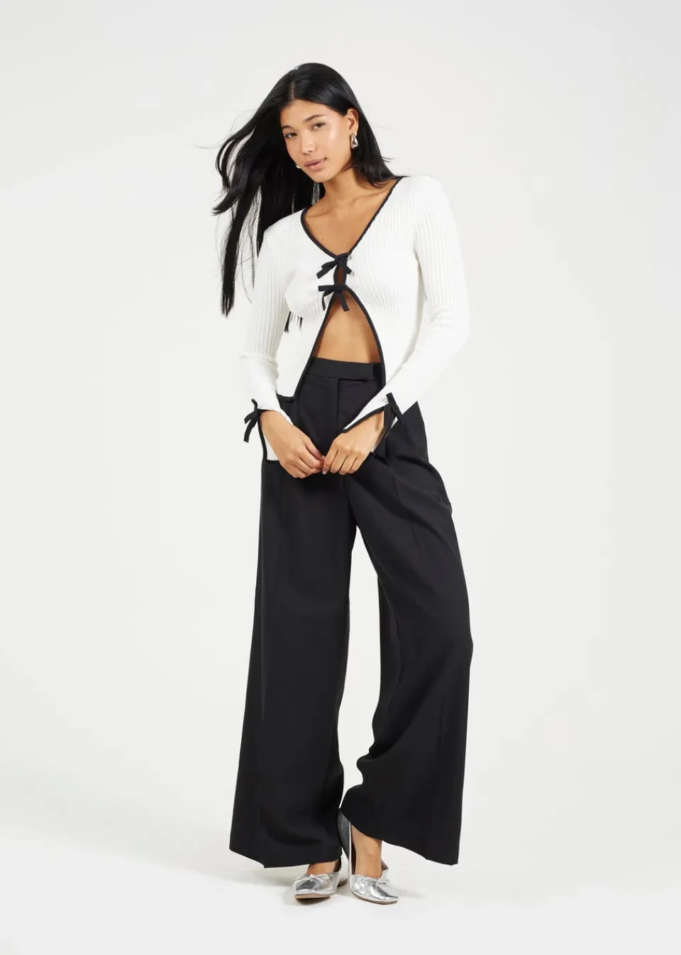 Knitwear>Brave Soul Cream Ribbed Knitted Cardigan with Bow Fastening