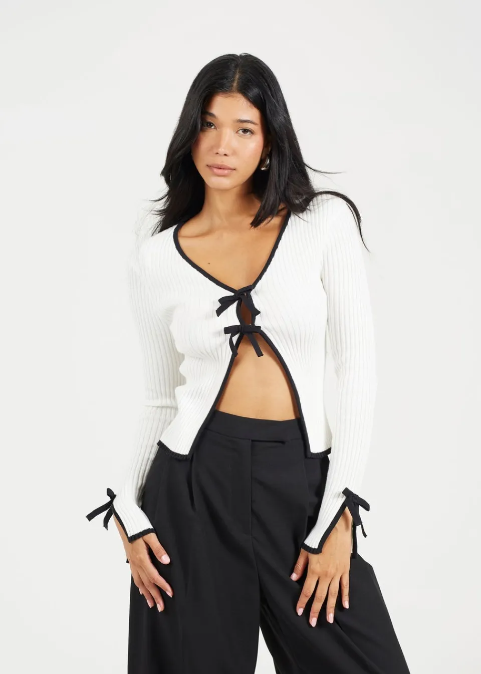 Knitwear>Brave Soul Cream Ribbed Knitted Cardigan with Bow Fastening