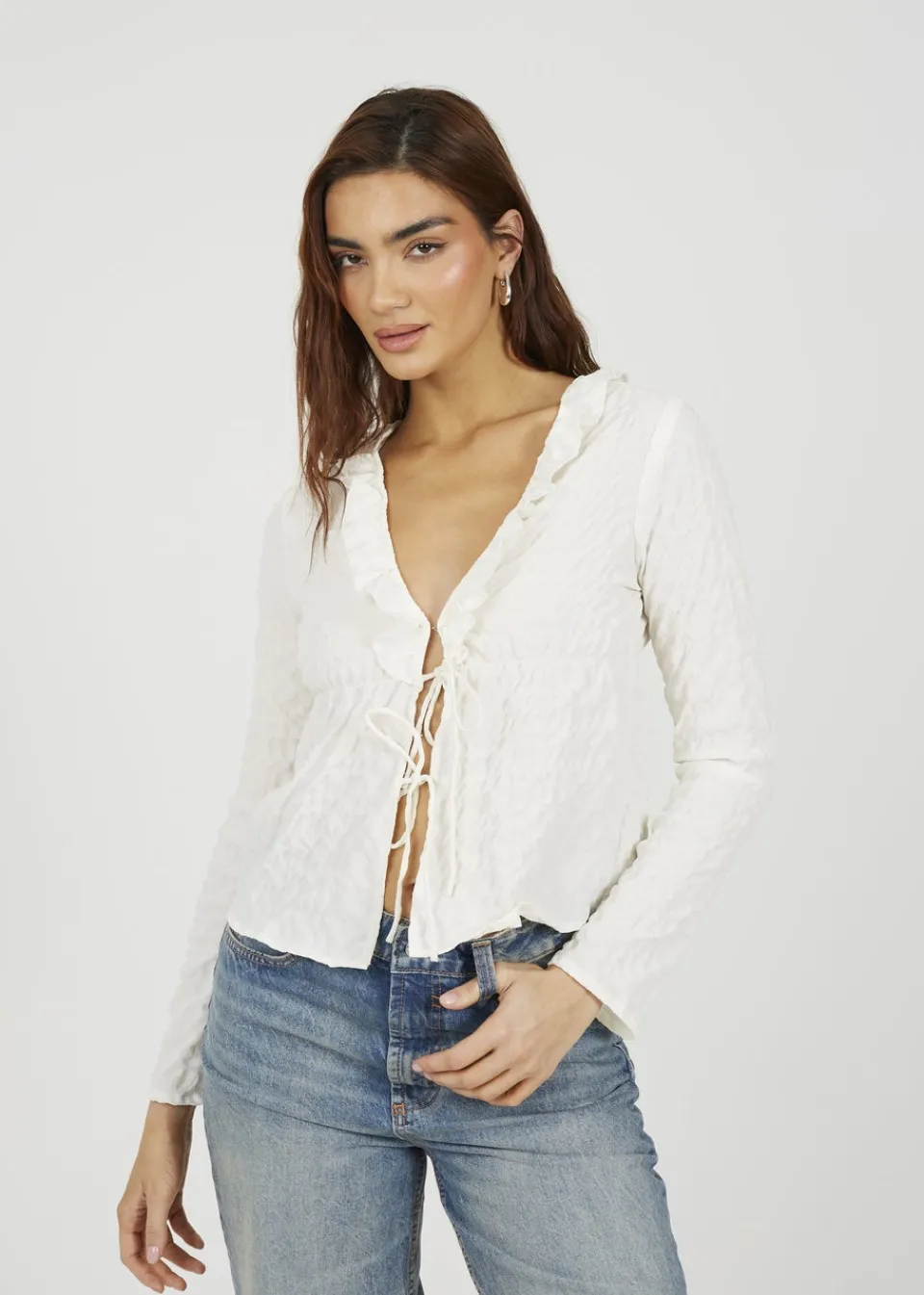 Tops>Brave Soul Cream Seersucker Frill Collar Tie Front Blouse