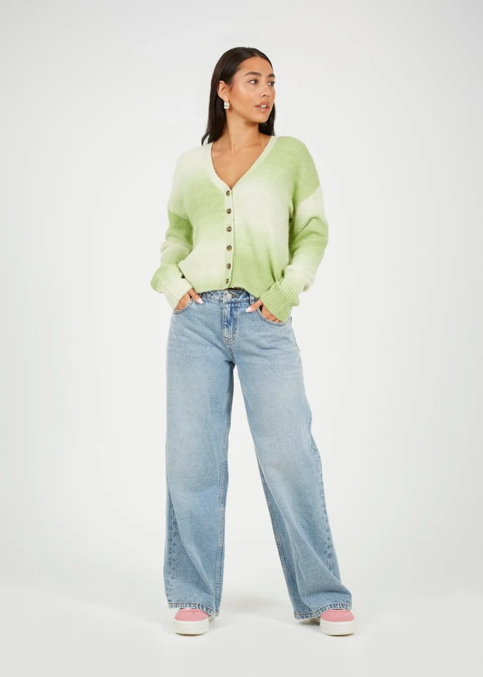 Tops>Brave Soul Green Button Through Space Dye Cardigan