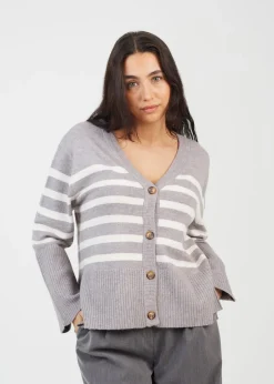 Tops>Brave Soul Grey Button Through V-neck Stripe Cardigan