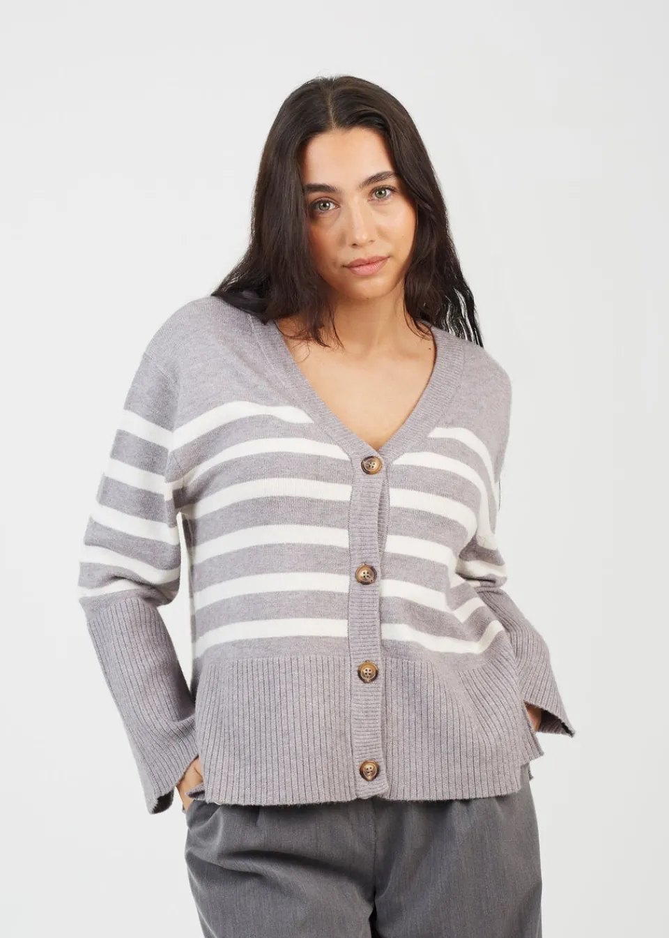 Tops>Brave Soul Grey Button Through V-neck Stripe Cardigan