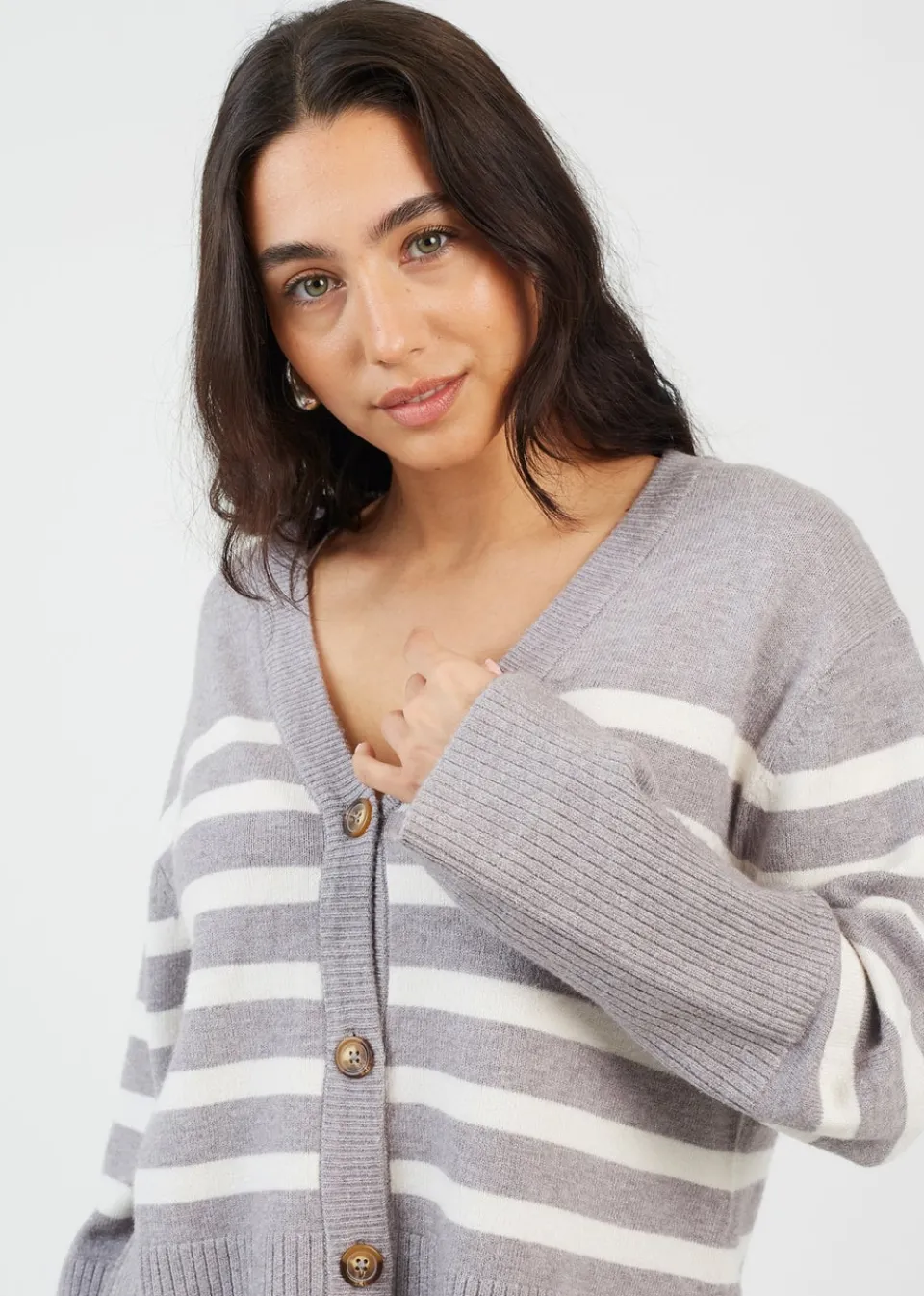 Tops>Brave Soul Grey Button Through V-neck Stripe Cardigan