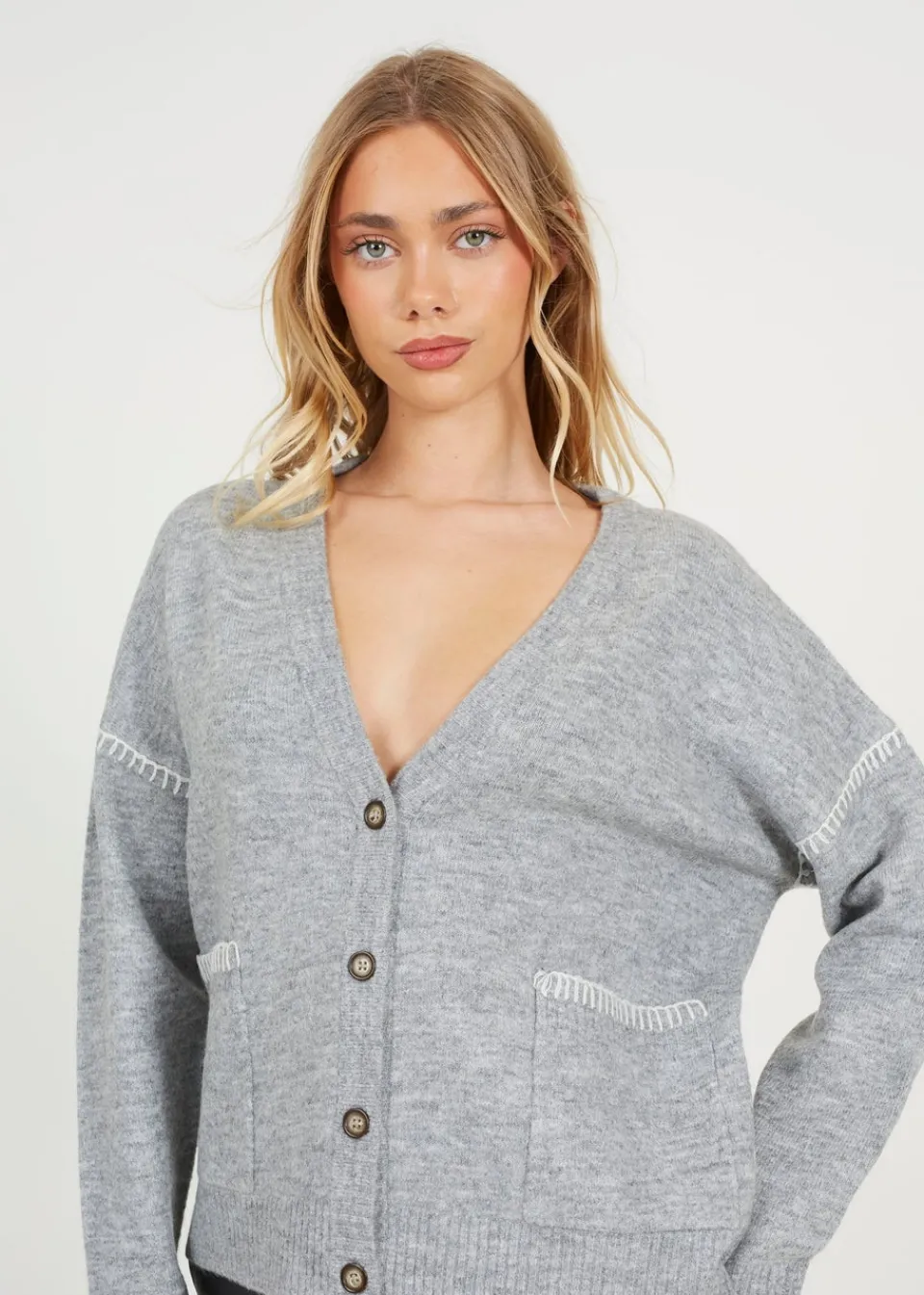 Tops>Brave Soul Grey Contrast Stitch Button Through V-neck Cardigan
