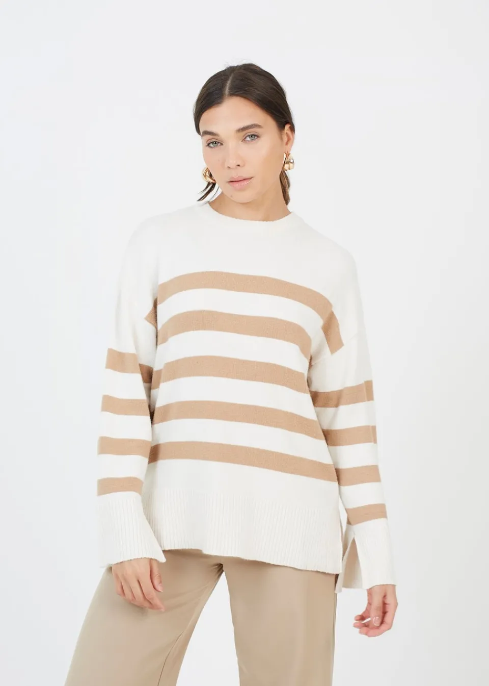 Knitwear>Brave Soul Ivory Striped Loose Fit Jumper with Wide Sleeves