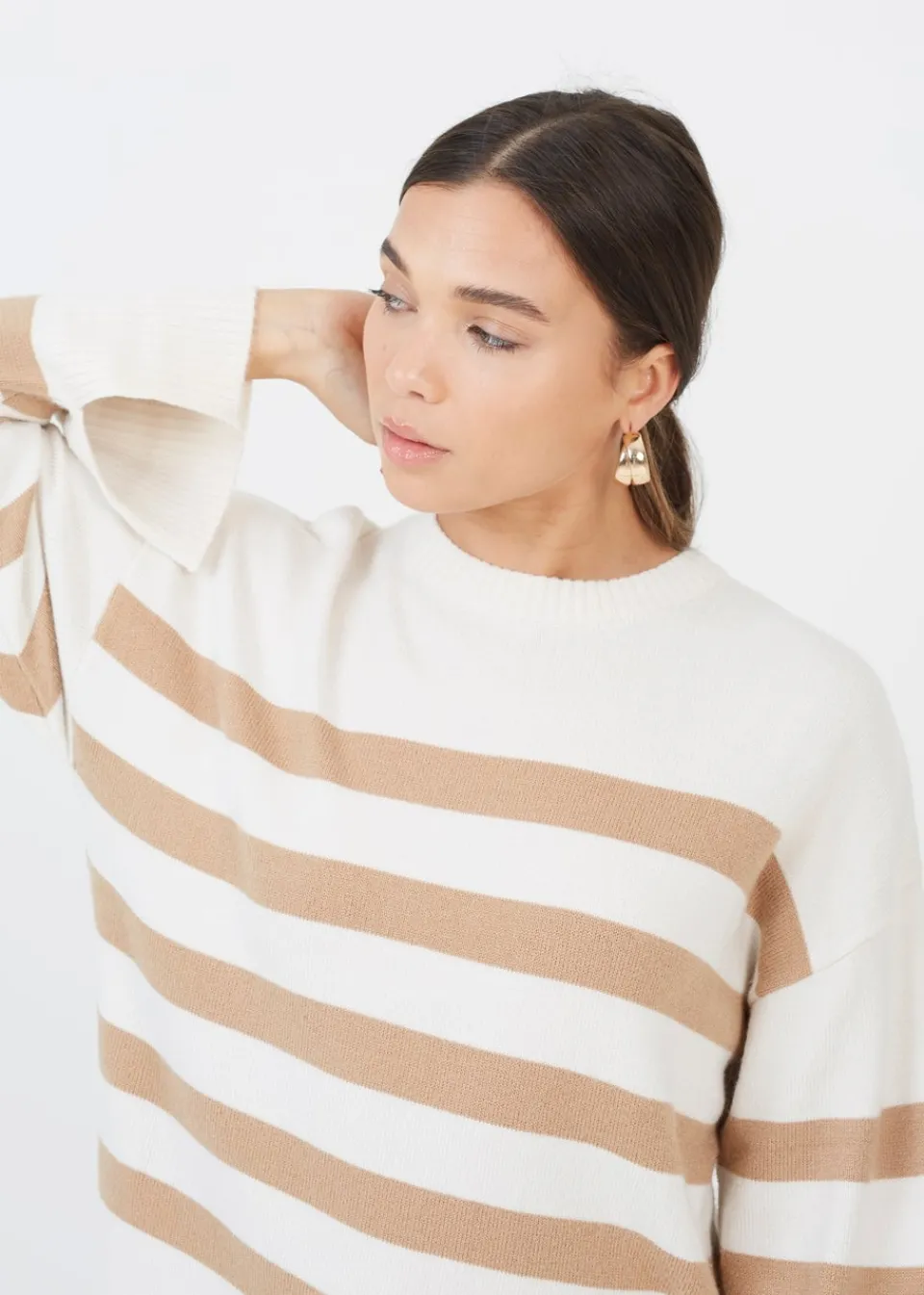 Knitwear>Brave Soul Ivory Striped Loose Fit Jumper with Wide Sleeves