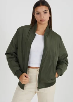 Coats & Jackets>Brave Soul Ruched Sleeve Oversized Bomber Jacket Khaki