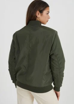 Coats & Jackets>Brave Soul Ruched Sleeve Oversized Bomber Jacket Khaki