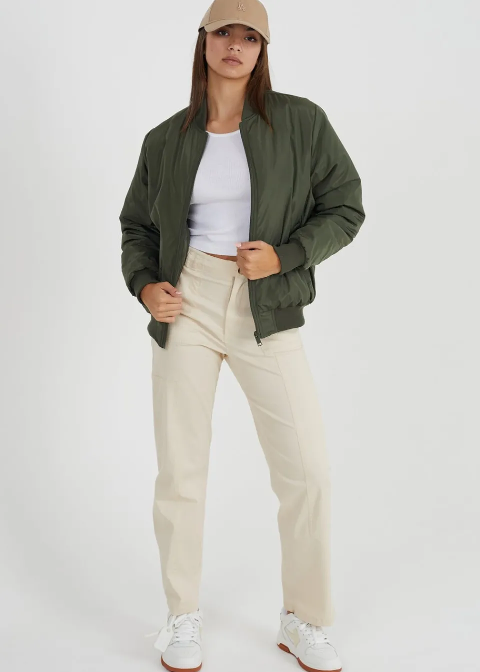 Coats & Jackets>Brave Soul Ruched Sleeve Oversized Bomber Jacket Khaki
