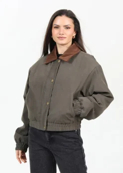Coats & Jackets>Brave Soul Khaki Twill Bomber Style Jacket with Cord Collar