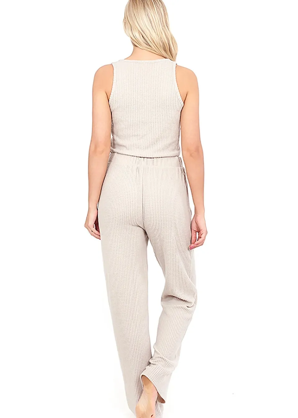 Tops>Brave Soul Natural Cropped Vest & Wide Leg Waffle Lounge Set