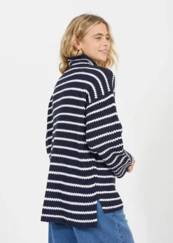 Knitwear>Brave Soul Navy Half Zip Striped Fisherman Knit Jumper