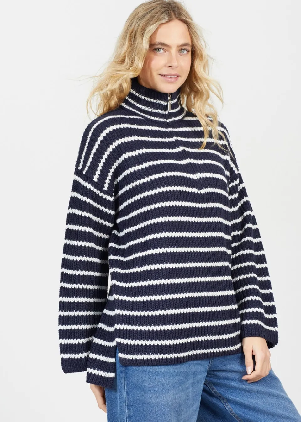Knitwear>Brave Soul Navy Half Zip Striped Fisherman Knit Jumper