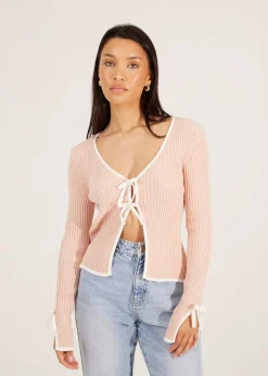 Knitwear>Brave Soul Pale Pink Ribbed Knitted Cardigan with Bow Fastening