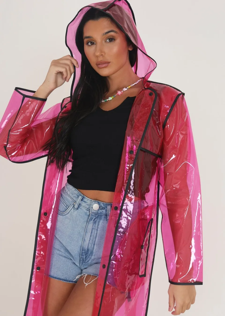 Coats & Jackets>Brave Soul Hooded Longline Rain Mac With Contrasting Binding Pink