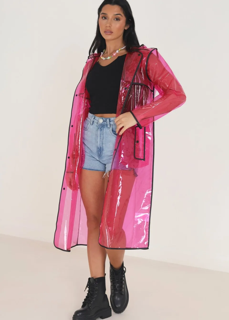 Coats & Jackets>Brave Soul Hooded Longline Rain Mac With Contrasting Binding Pink