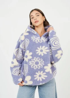 Tops>Brave Soul Purple Quarter Zip Flower Print Sherpa Fleece