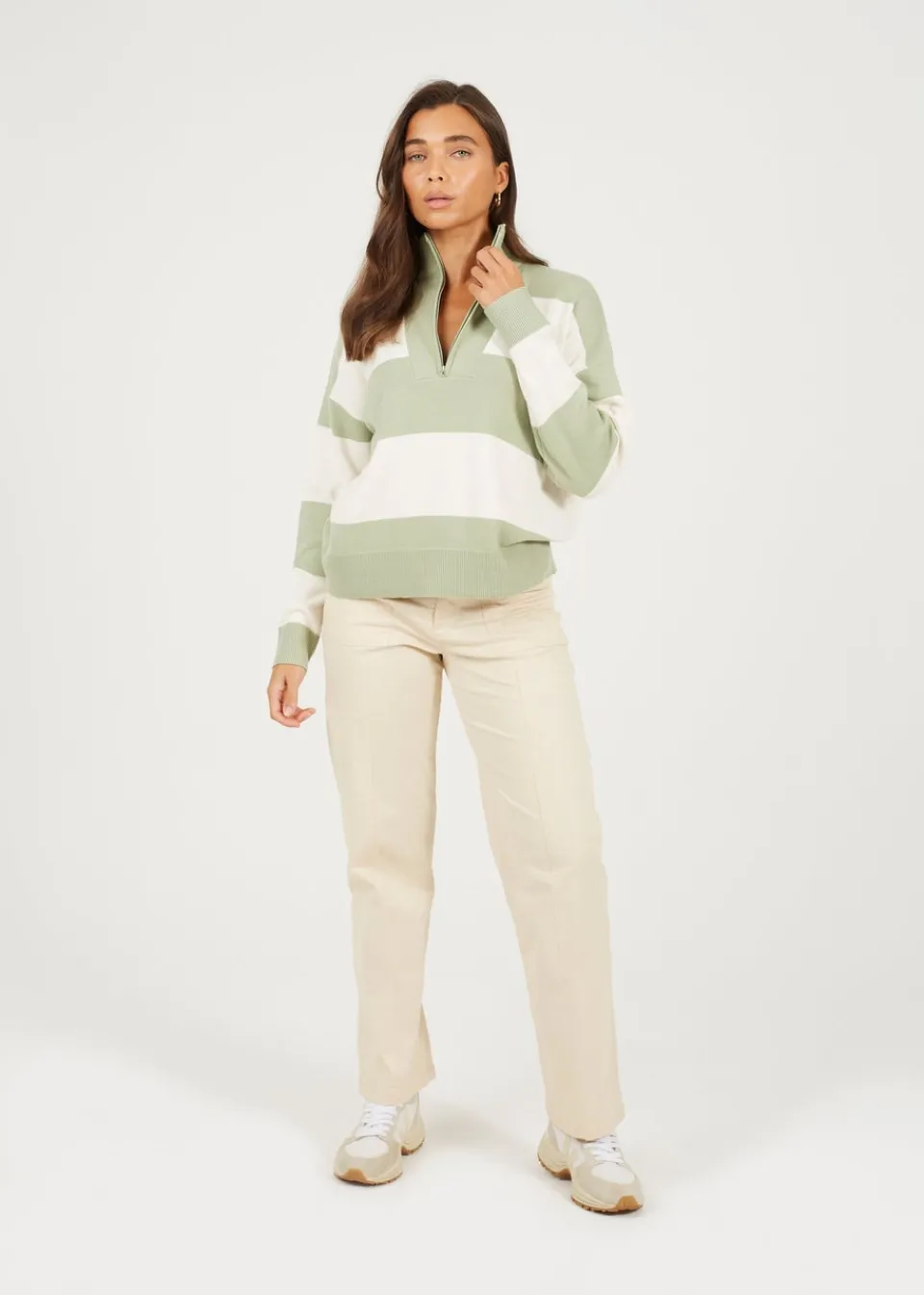 Tops>Brave Soul Soft Green Striped Half Zip Knitted Jumper