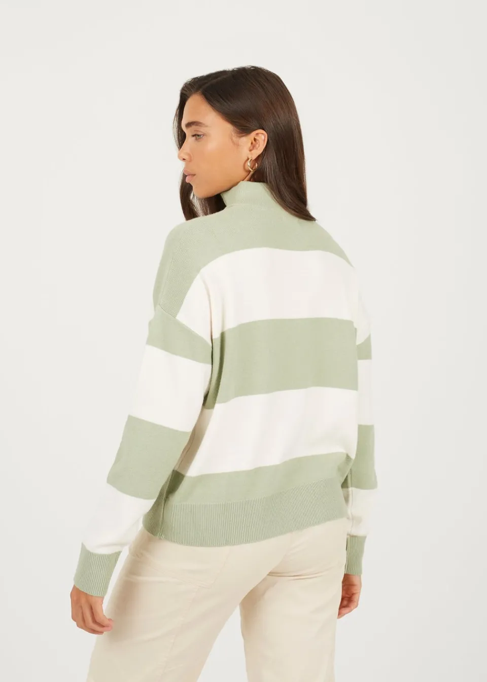Tops>Brave Soul Soft Green Striped Half Zip Knitted Jumper