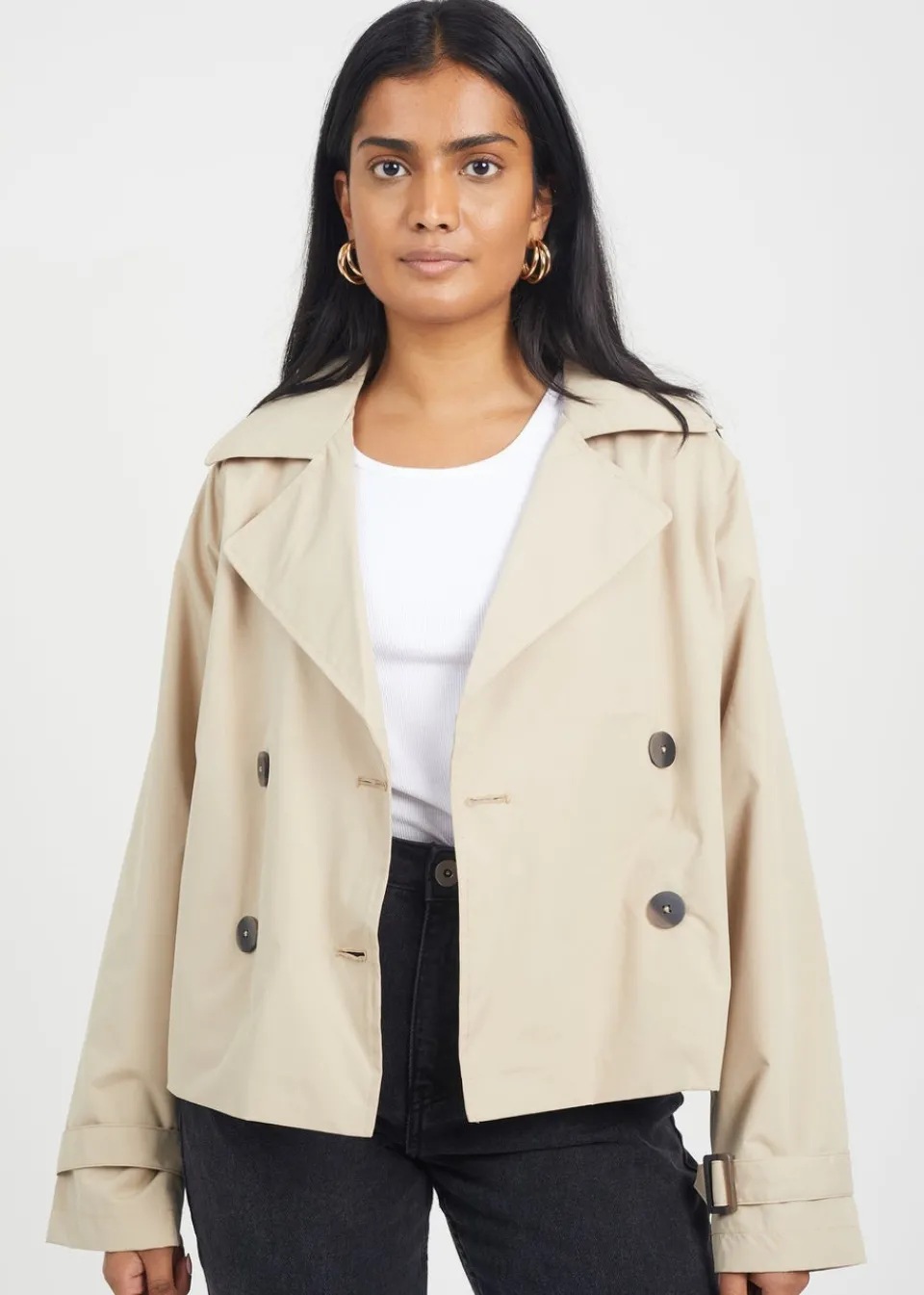 Coats & Jackets>Brave Soul Stone Double Breasted Short Trench Coat
