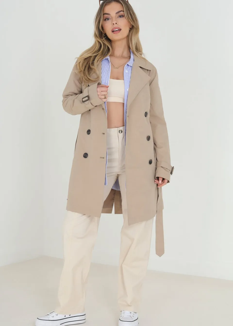 Coats & Jackets>Brave Soul Double Breasted Short Trench Coat Stone