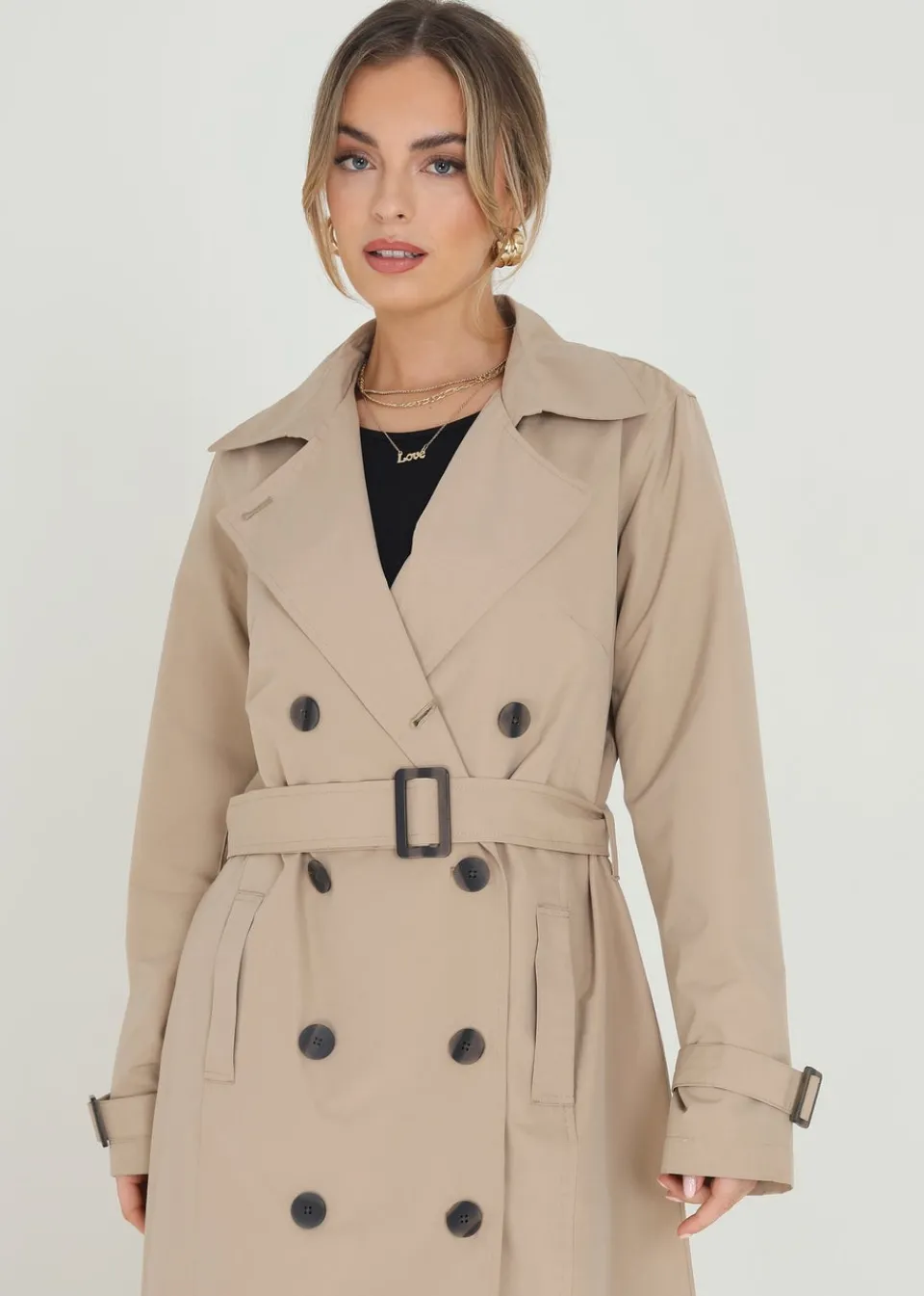 Coats & Jackets>Brave Soul Stone Double-Breasted Longline Trench Coat