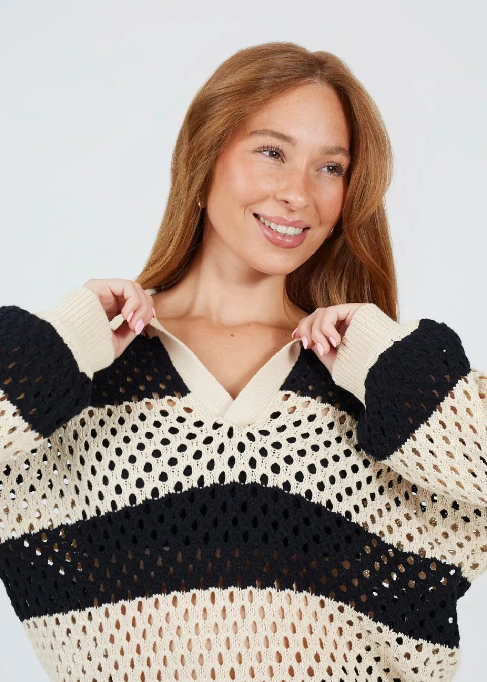 Knitwear>Brave Soul Stone Lightweight Stripe Open Knit Jumper