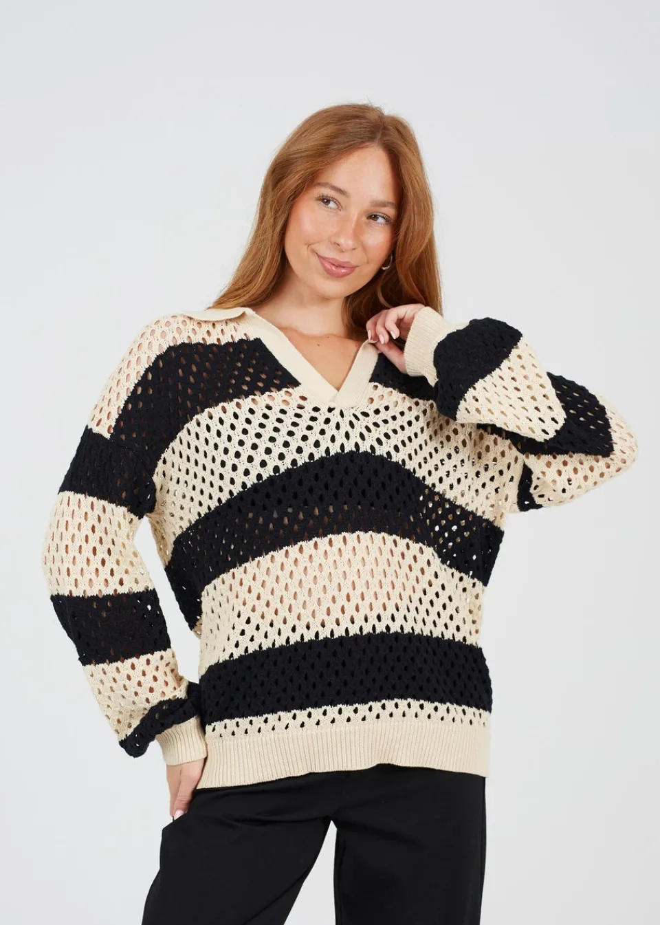 Knitwear>Brave Soul Stone Lightweight Stripe Open Knit Jumper