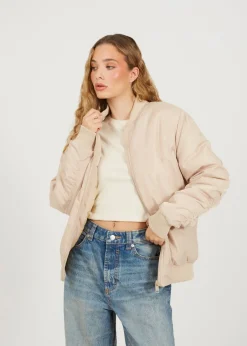 Coats & Jackets>Brave Soul Stone Ruched Sleeve Oversized Bomber Jacket