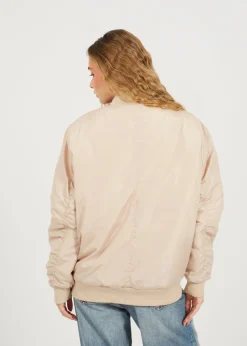 Coats & Jackets>Brave Soul Stone Ruched Sleeve Oversized Bomber Jacket