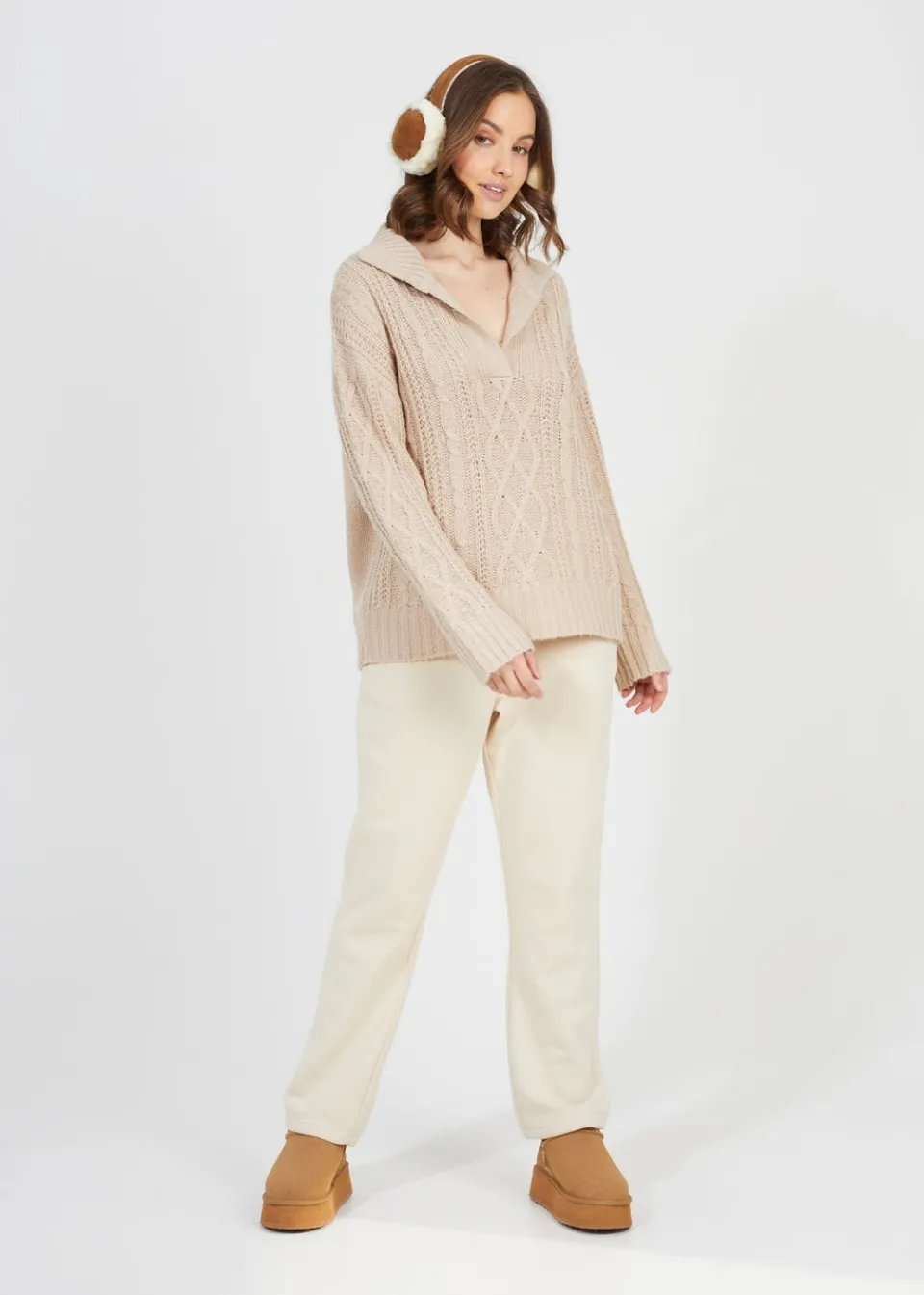 Tops>Brave Soul Stone V-Neck Cable Knit Jumper