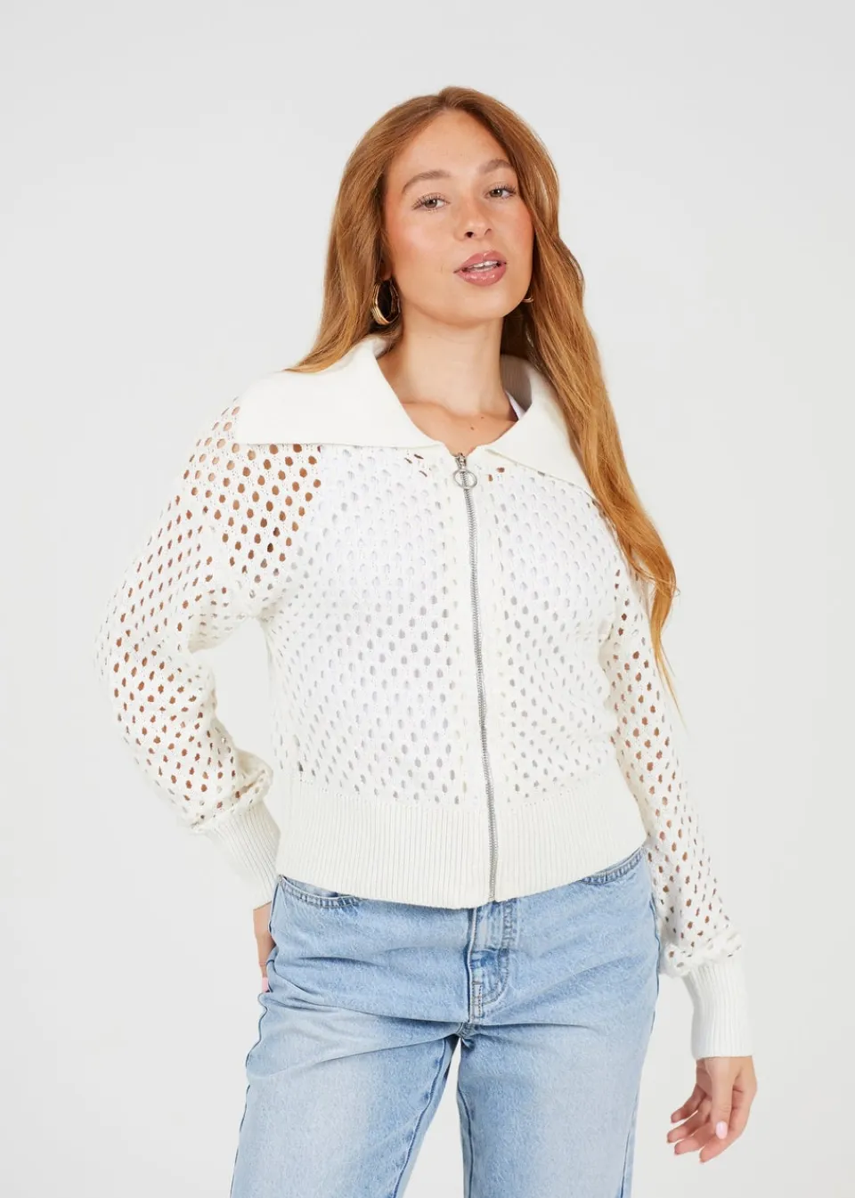 Tops>Brave Soul White Crochet Knit Zip Through Cardigan