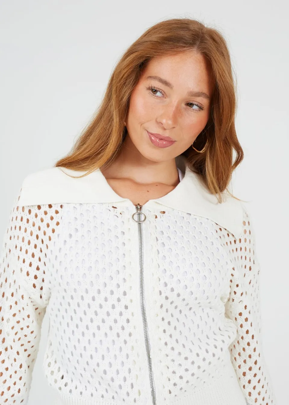 Tops>Brave Soul White Crochet Knit Zip Through Cardigan