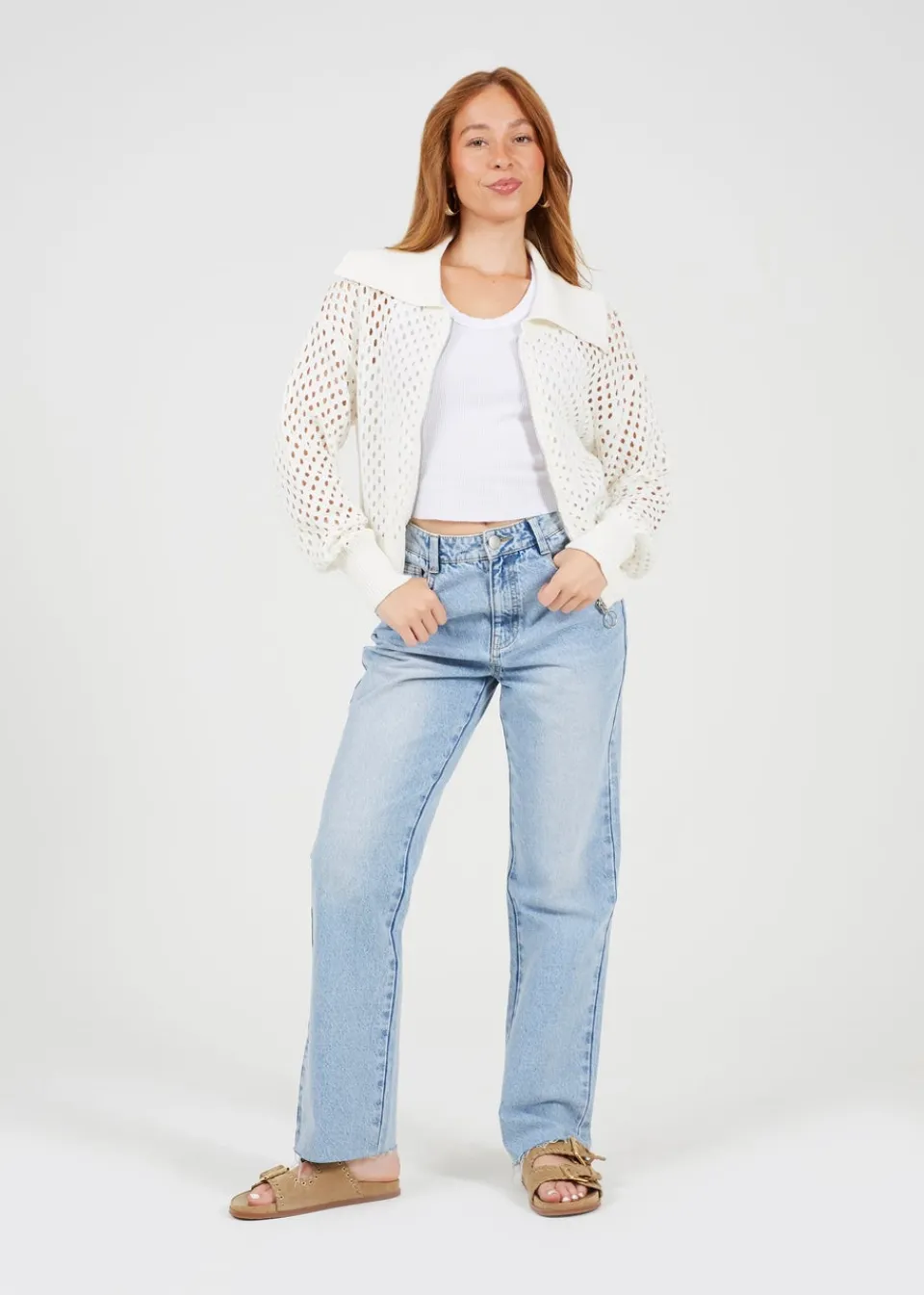 Tops>Brave Soul White Crochet Knit Zip Through Cardigan