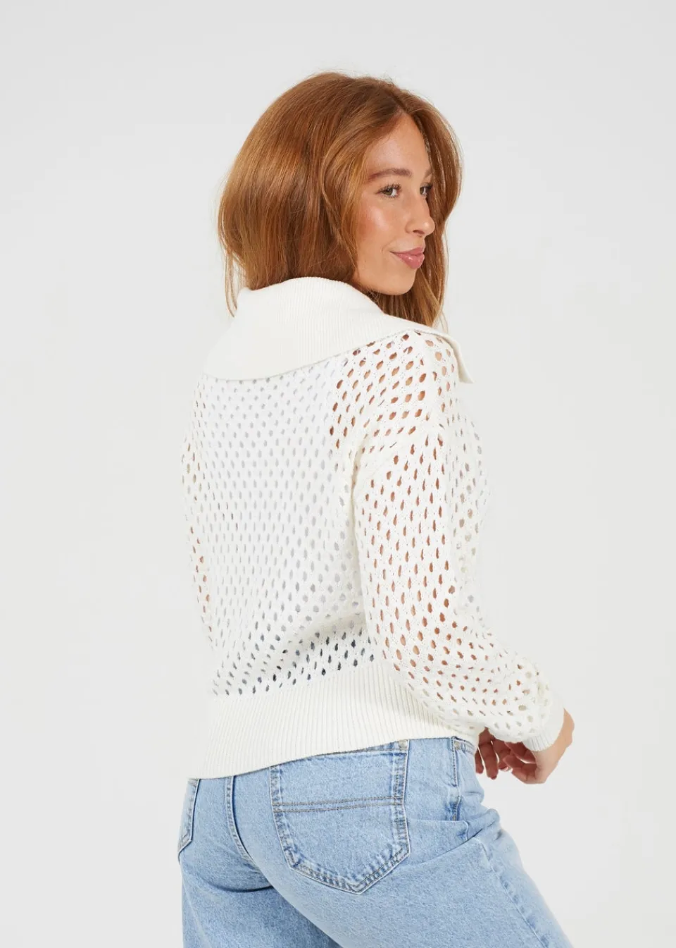 Tops>Brave Soul White Crochet Knit Zip Through Cardigan