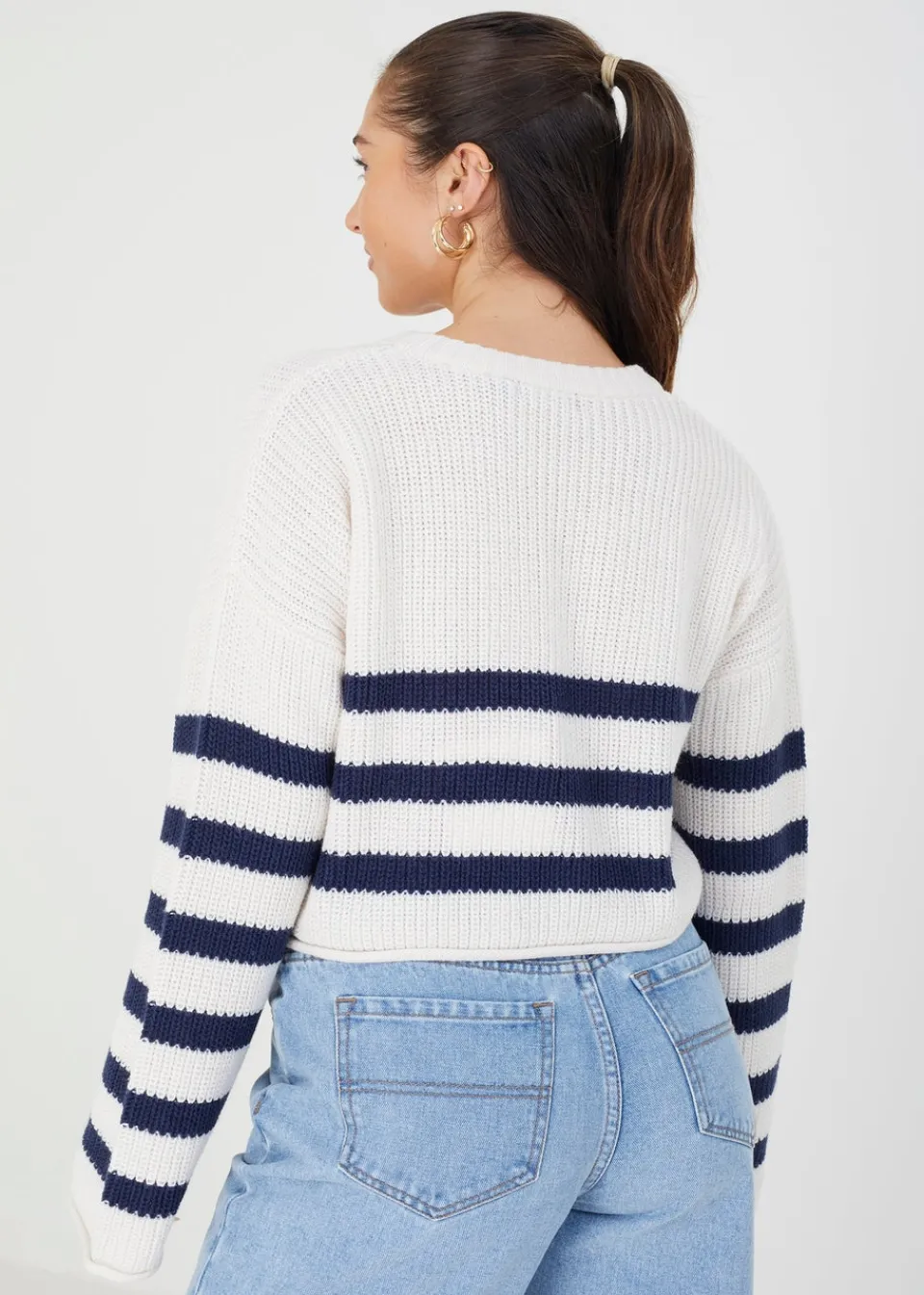 Tops>Brave Soul White Randel Striped Cropped Knitted Jumper