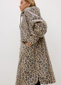 Coats & Jackets>Papaya Brown Animal Print Rubberised Showerproof Parka Coat