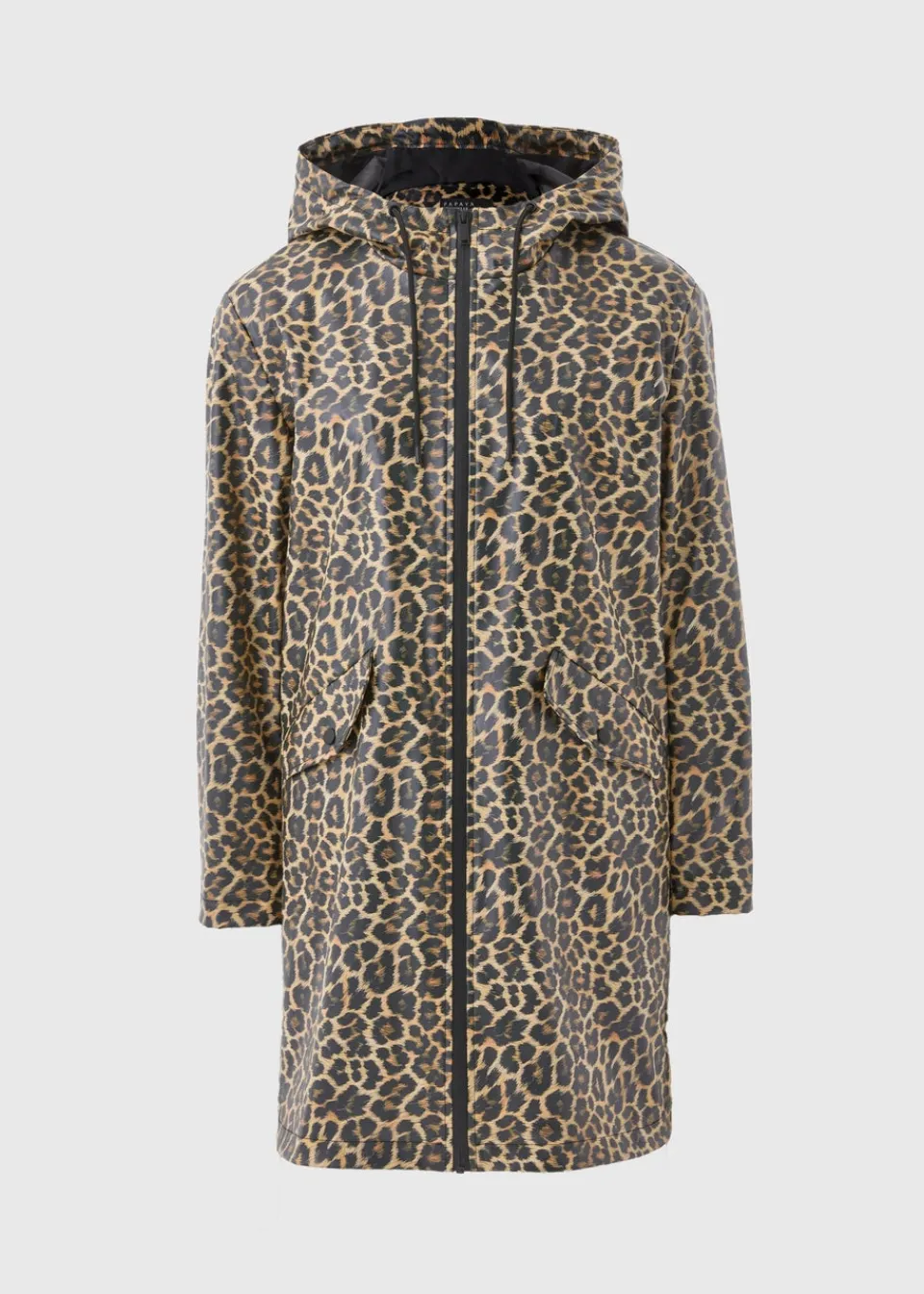Coats & Jackets>Papaya Brown Animal Print Rubberised Showerproof Parka Coat