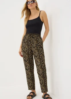 Trousers>Papaya Brown Animal Print Tapered Trousers