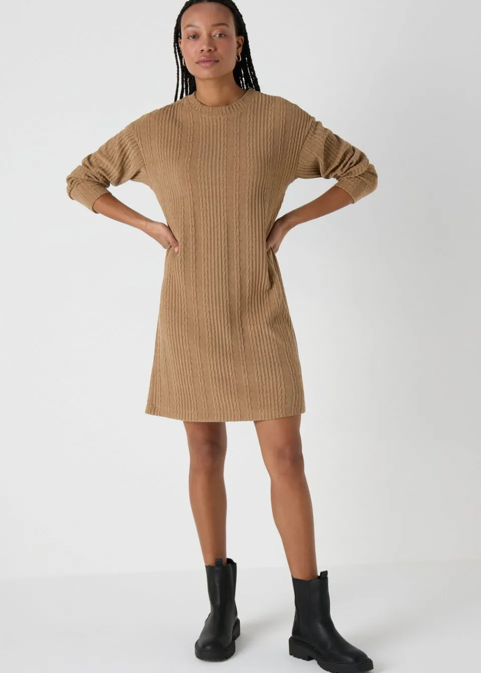 Knitwear>Papaya Cable Knit Mini Dress Brown