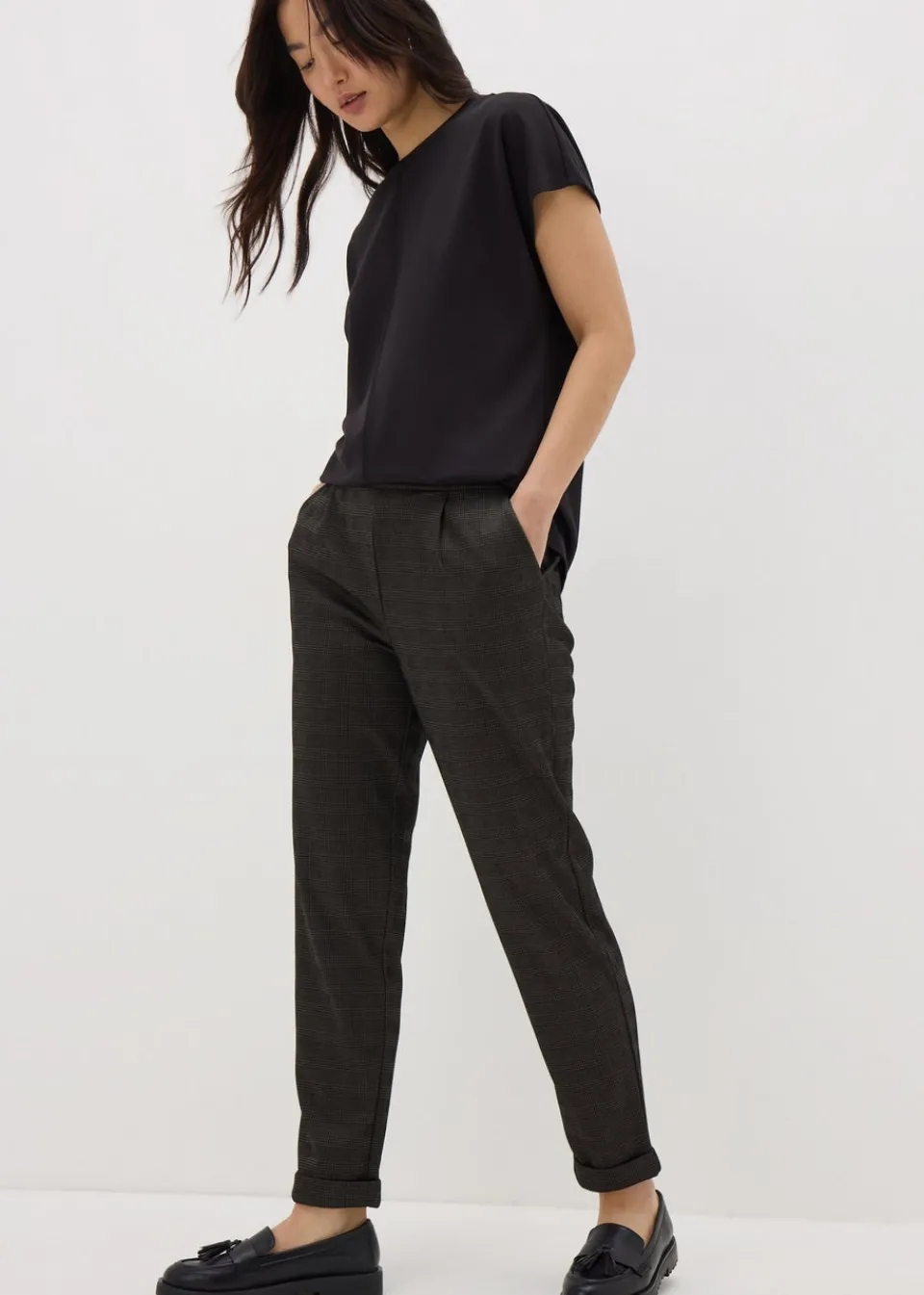 Trousers> Brown Check Ponte Tapered Trousers