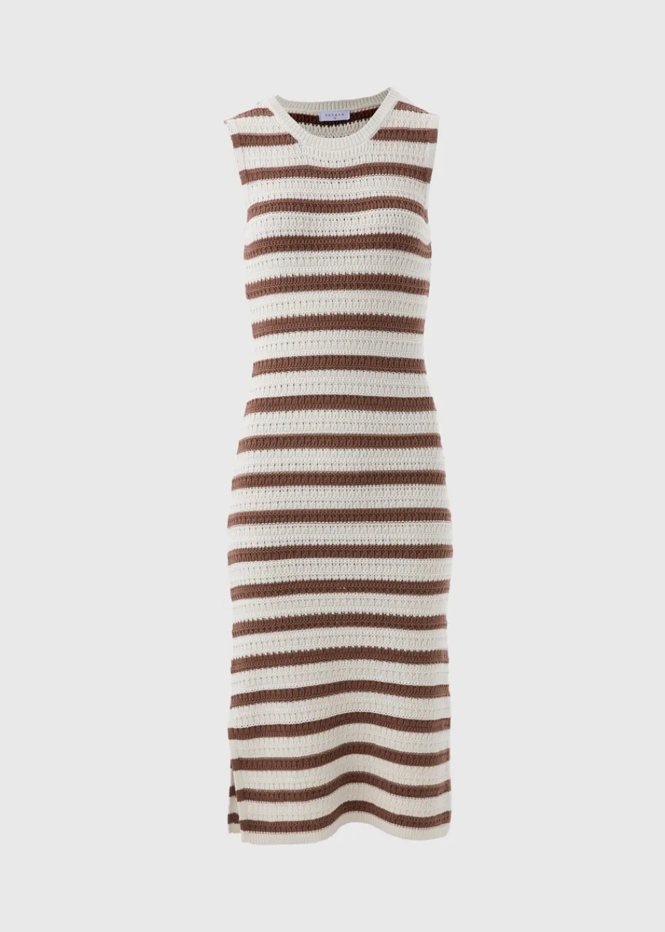 Knitwear>Papaya Brown Crochet Stripe Midi Dress