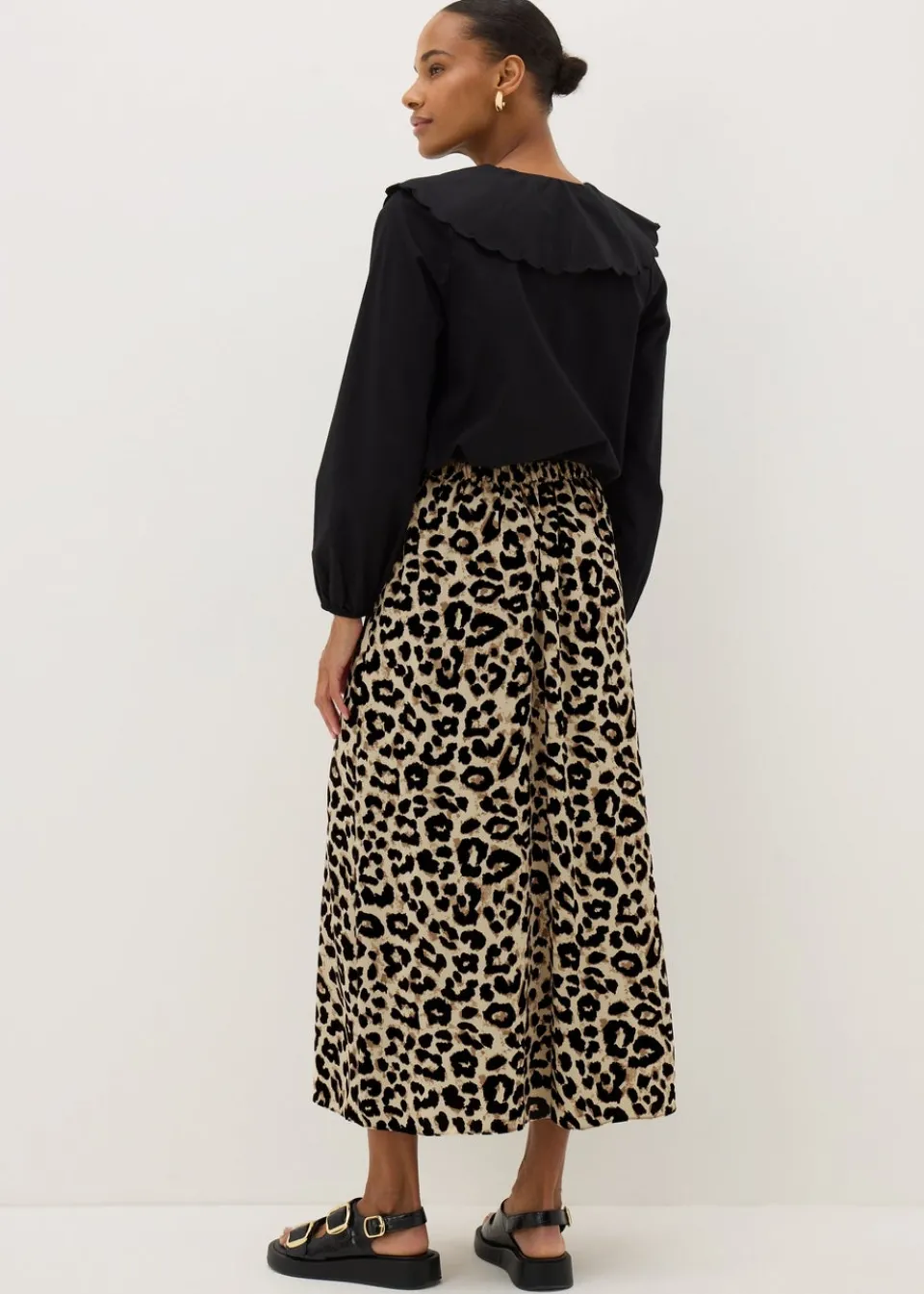 Skirts>Papaya Brown Leopard Print Flared Hem Midaxi Skirt