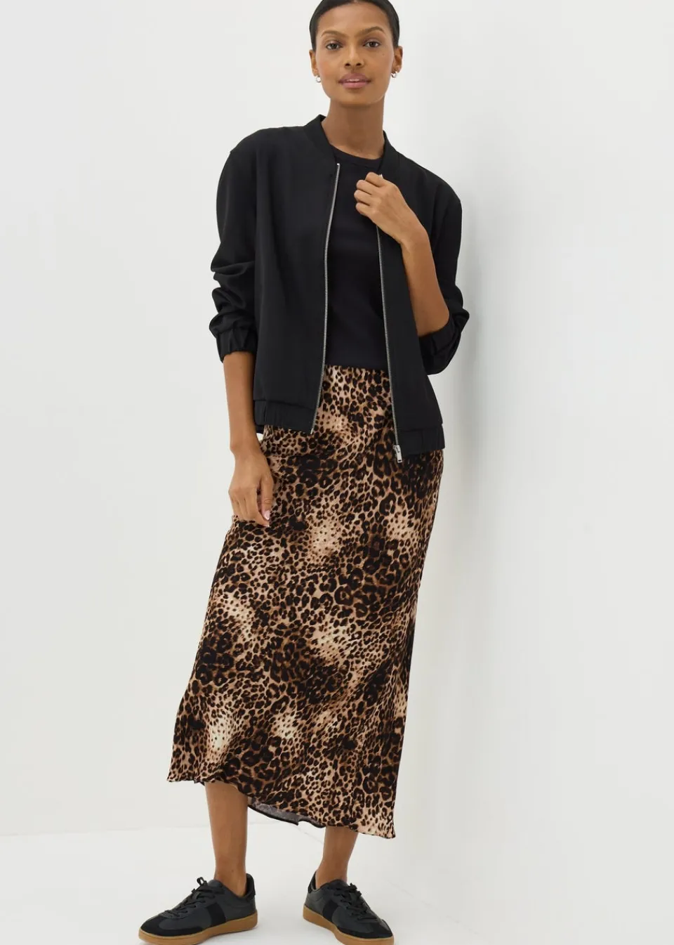 Skirts>Papaya Brown Leopard Print Satin Midaxi Slip Skirt