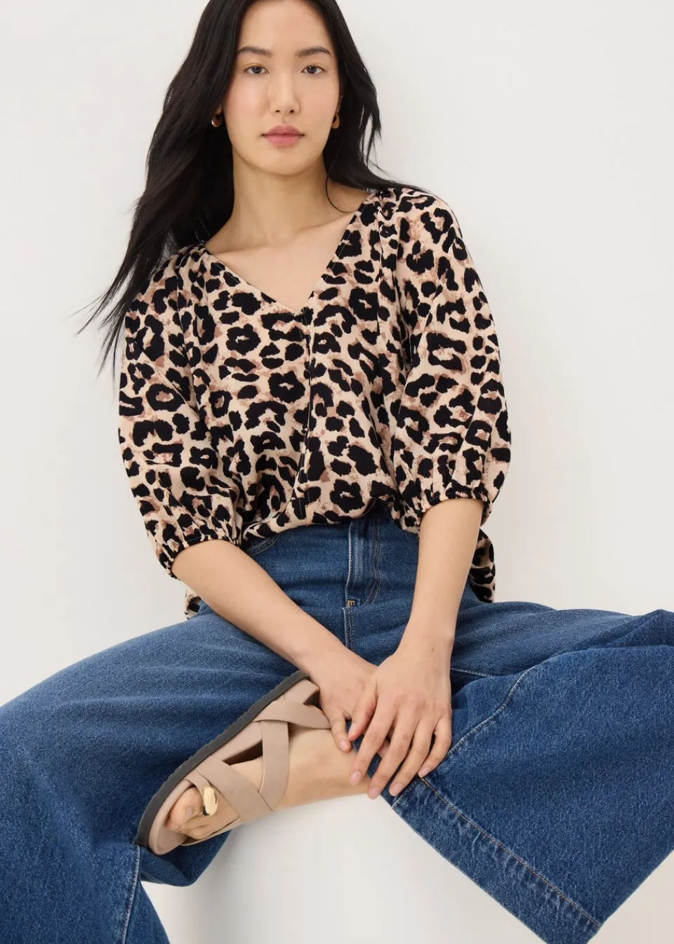 Tops>Papaya Brown Leopard Print Tea Blouse