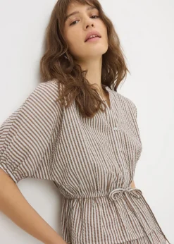 Tops>Papaya Brown Seersucker Stripe Co Ord Peplum Blouse