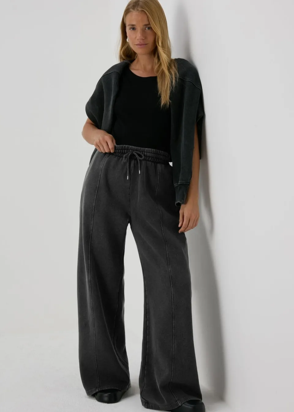 Trousers>Papaya Charcoal Acid Wash Wide Leg Jogging Bottoms