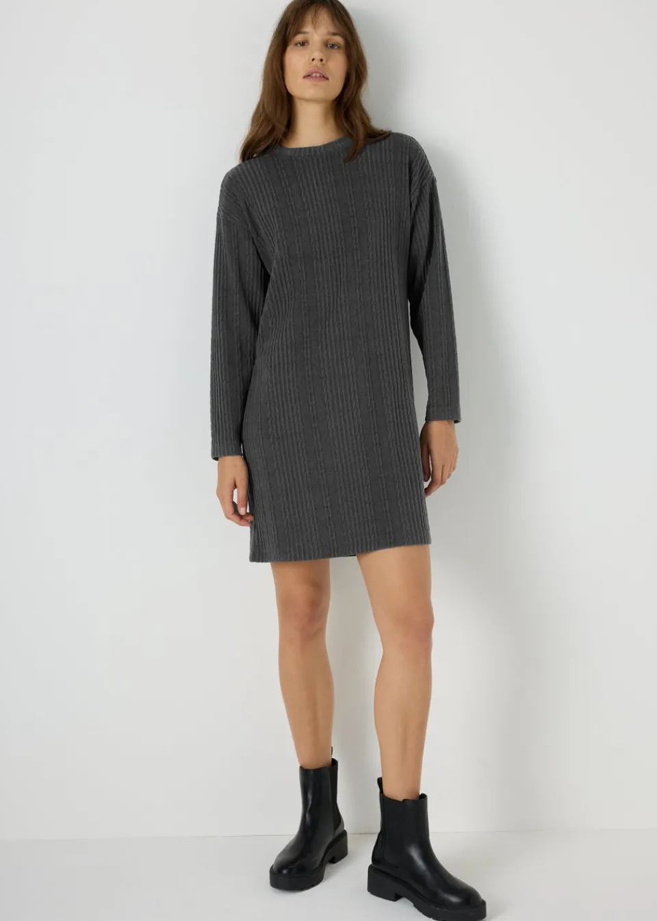 Knitwear>Papaya Cable Knit Mini Dress Charcoal