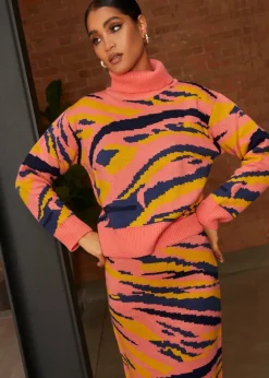 Tops>Chi Chi London Abstract Stripe Roll Neck Jumper